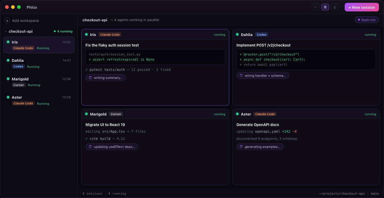 Phlox running Claude Code, Codex, and Cursor agents in parallel